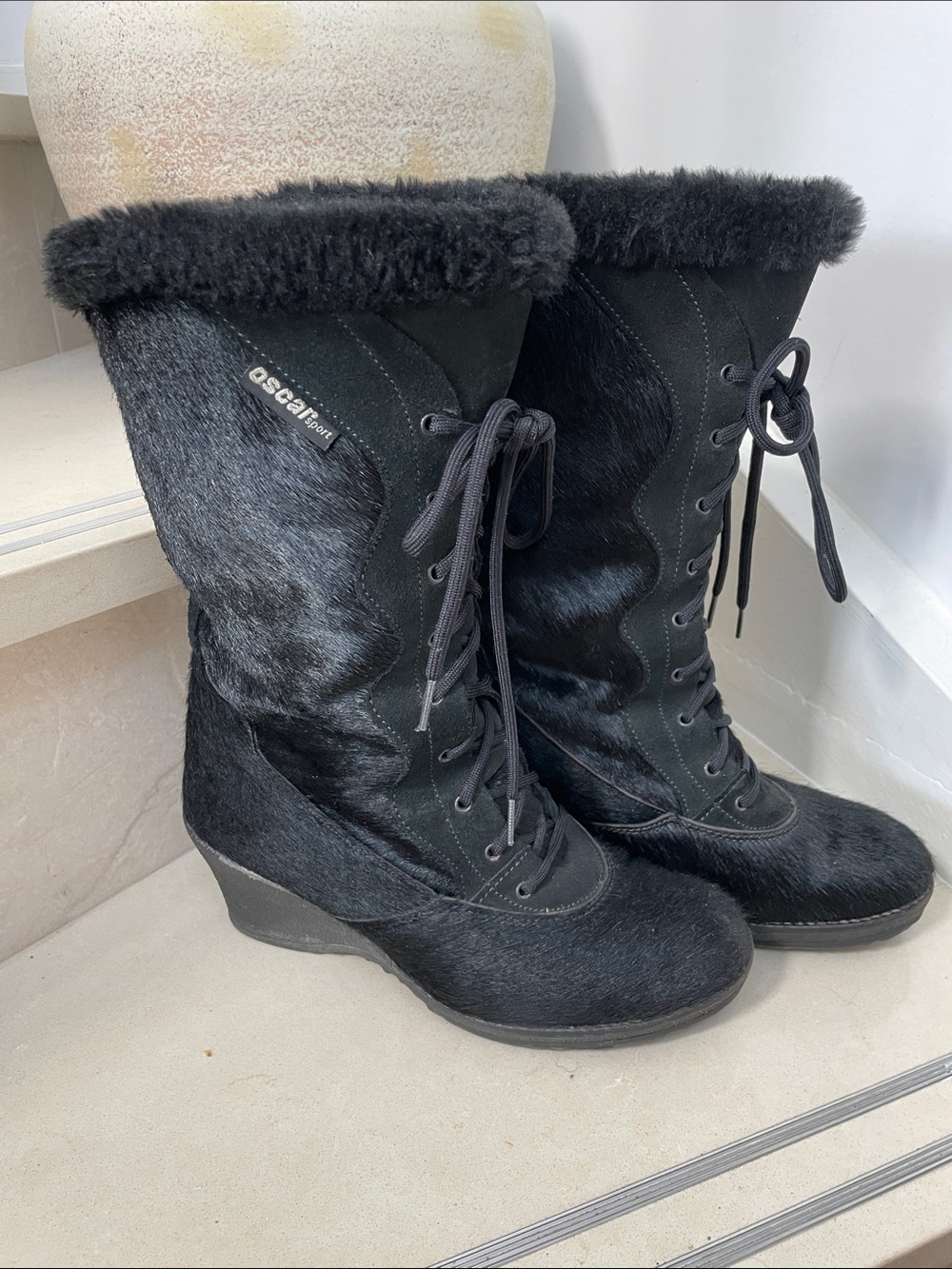 Oscar Sport Black Fur Lace-Up Wedge Boots